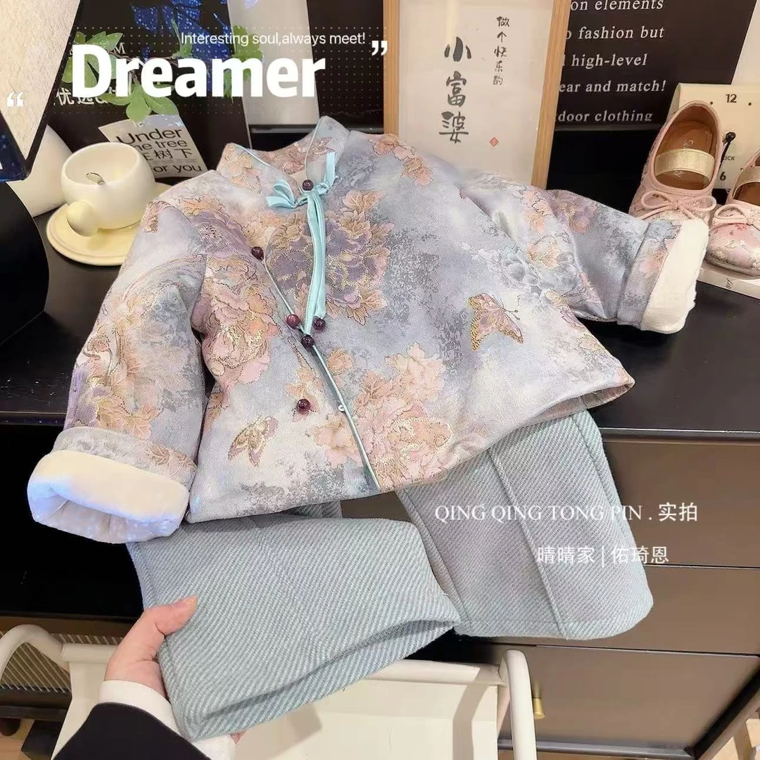 佑琦恩女童加厚国风刺绣拜年服裤子两件套装2025冬季新款D68815嘉