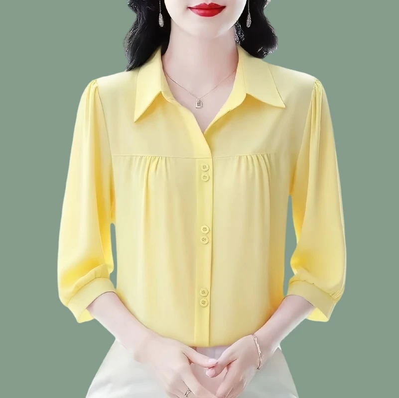 夏季薄款七分袖纯色设计感雪纺上衣洋气显瘦百搭气质时尚小衫女士