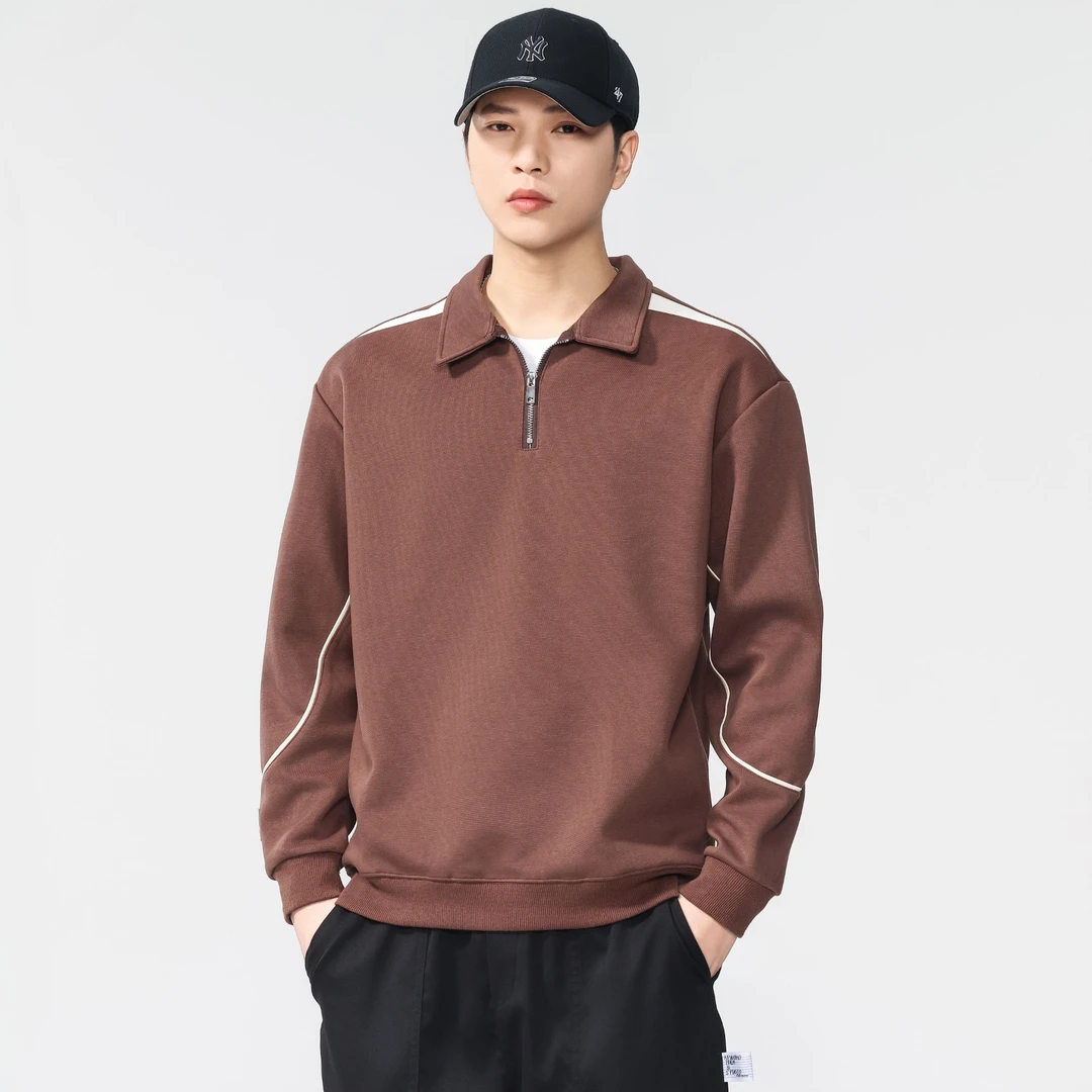 秋季新款拼接拼色套头卫衣男士翻领长袖POLO衫上衣潮流厚款宽松型