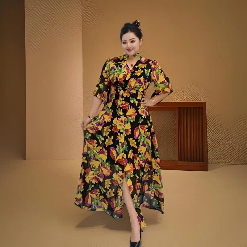 吊带裙印花短袖夏季套头连衣裙优雅春夏中长款女装
