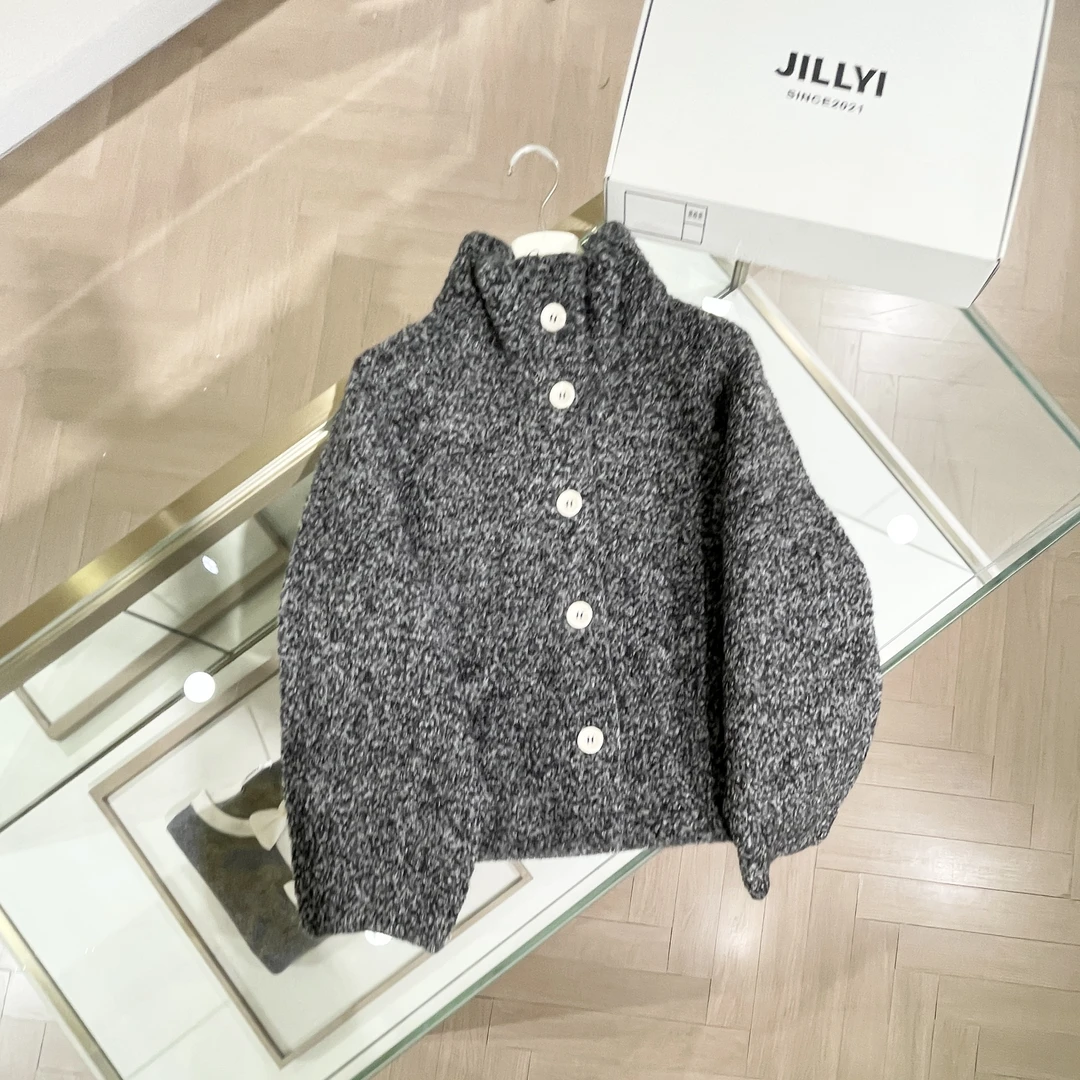 jillyi【北欧雪夜】灰色半高领休闲风针织开衫秋冬季保暖时尚百搭