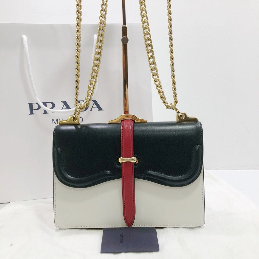99新 Prada/普拉达 普拉达belle全皮拼色链条手提单肩斜挎包