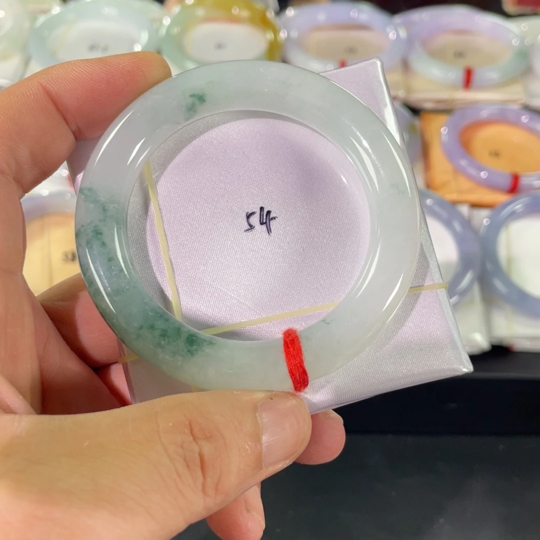翡翠未镶嵌手镯54圆条糯冰飘花完美