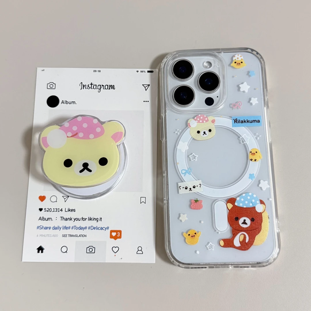 【亚克力磁吸】可爱轻松熊支架透明手机壳适用苹果17Pro/16/15防摔