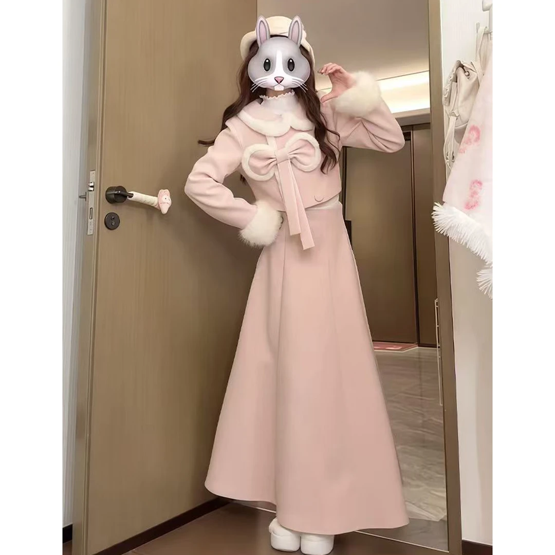 【暖冬初雪】法式气质蝴蝶结娃娃领外套+a字半身裙温柔风两件套装女