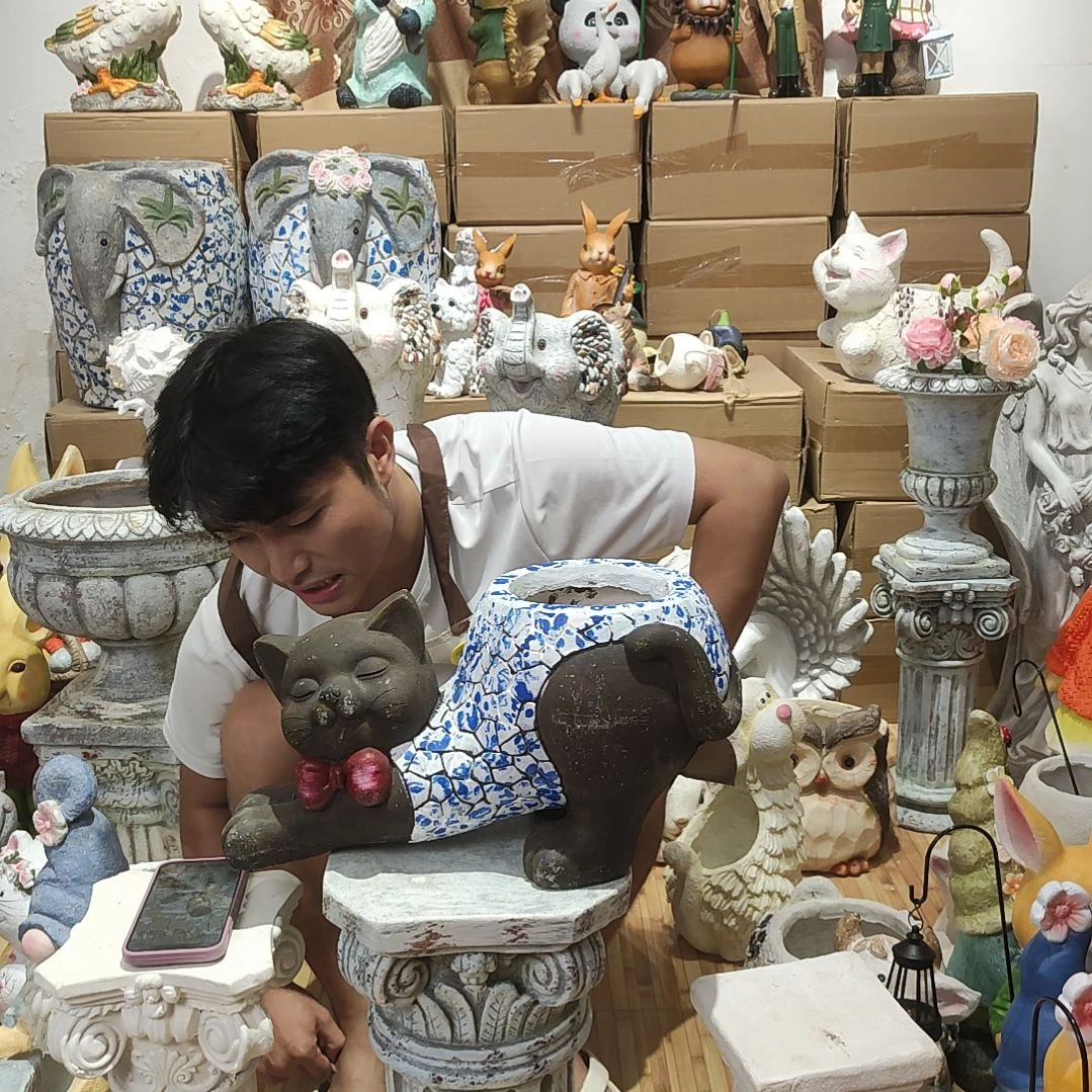 合成树脂青花猫咪花盆