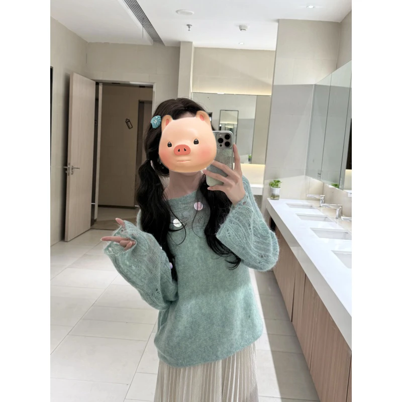 早秋韩系穿搭绿色镂空亮片马海毛毛衣女秋冬宽松慵懒风针织衫上衣