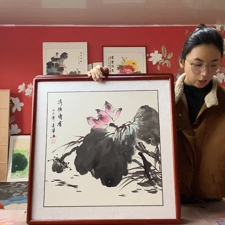 国画手写手绘带框包邮国画作品62✖️62