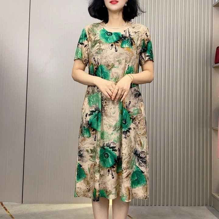 夏季大花连衣裙复古文艺收腰中长遮肚女装显瘦短袖妈妈装减龄圆领