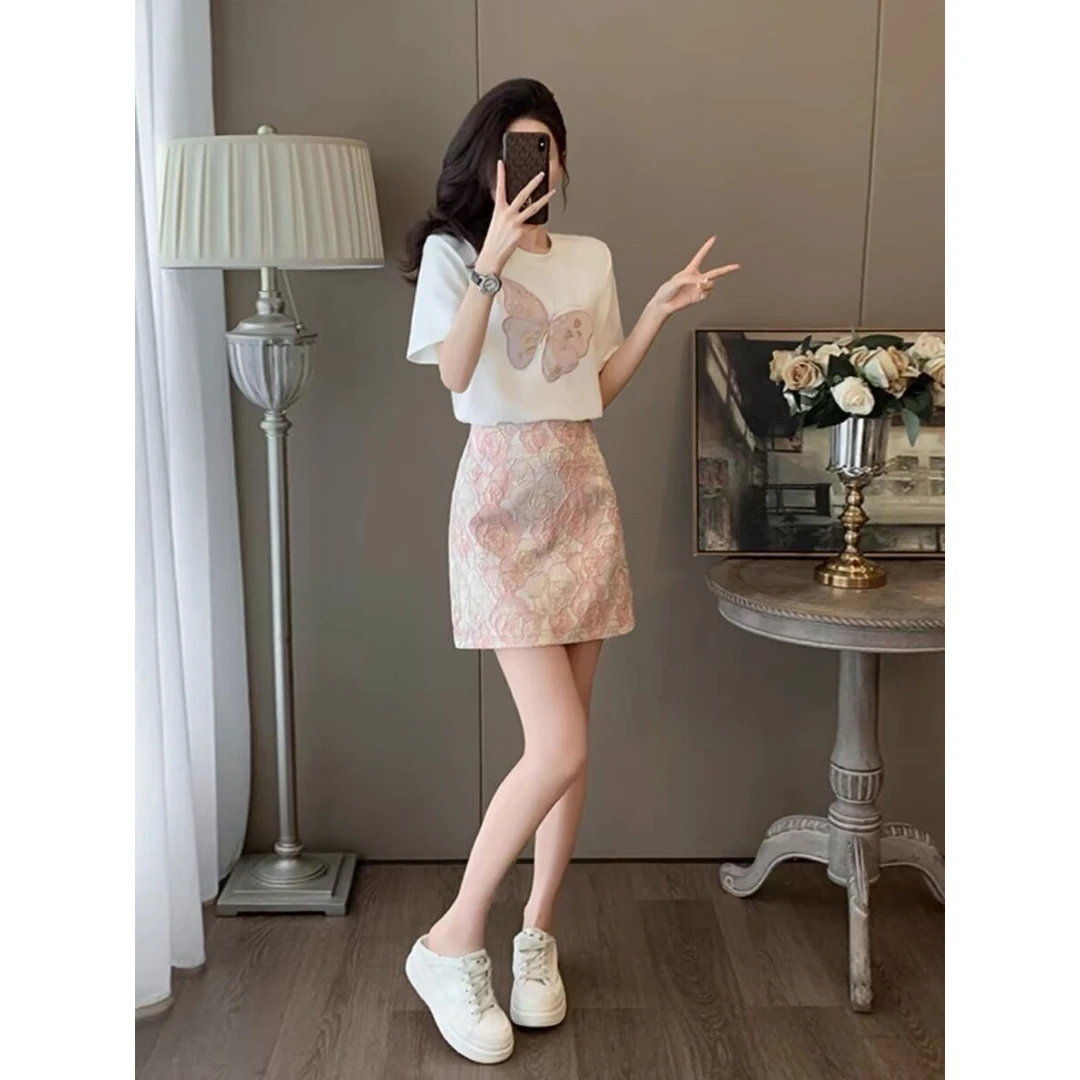 时尚高级休闲夏装气质一整套新款短袖减龄夏季T恤短裙套装两件套