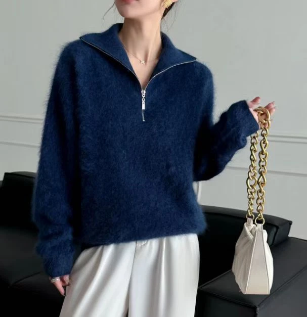 7799佳选轻奢冬季新款半拉链高级欧韩纯色拉毛工艺上衣-