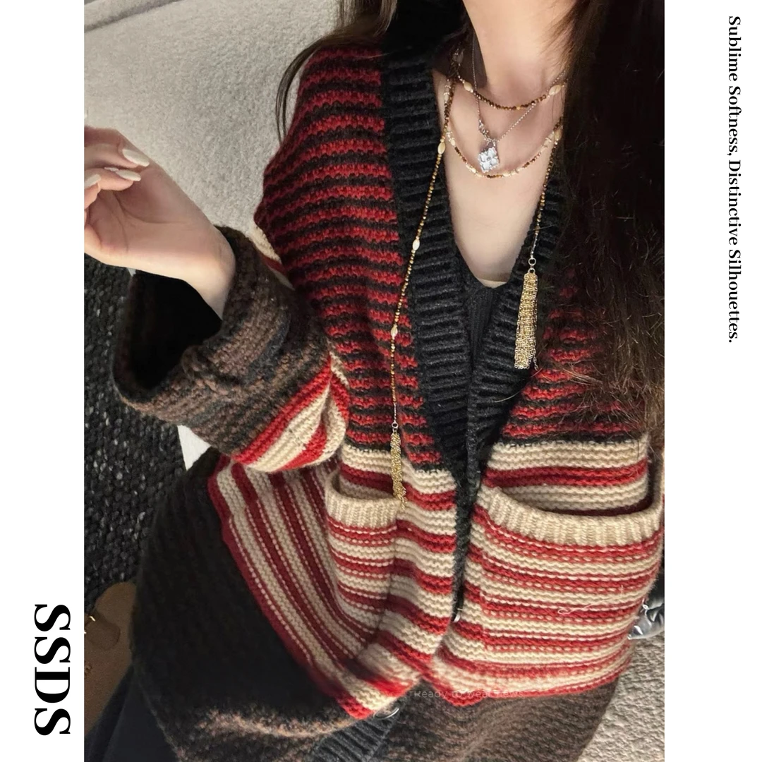 SSSH美式复古安可拉红色条纹开衫毛衣女慵懒风宽松针织衫长袖外套
