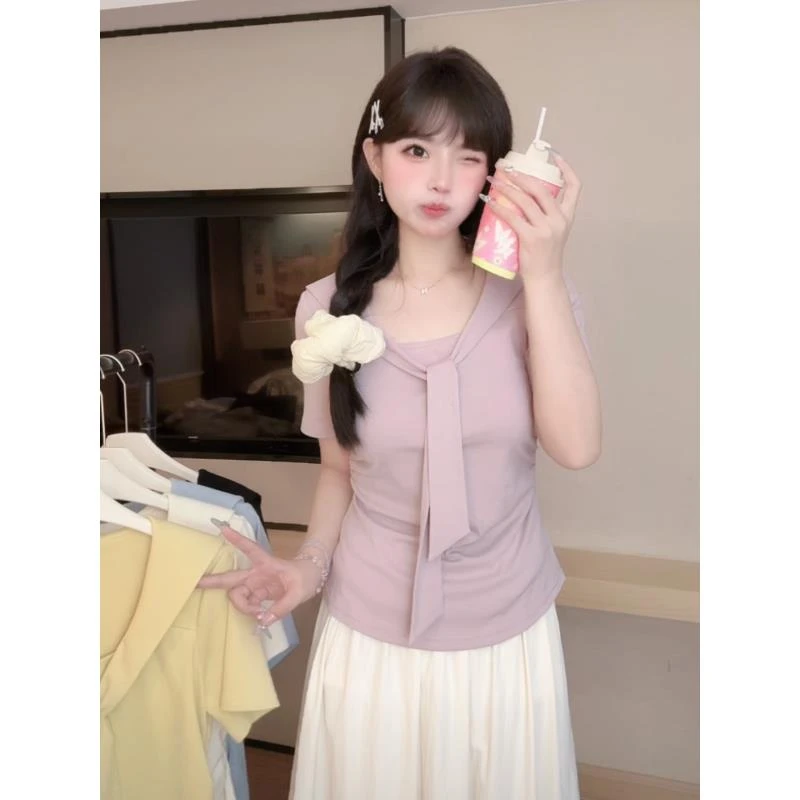 【现货】大码胖mm紫色正肩收腰V领短袖T恤2025夏显瘦气质上衣04038