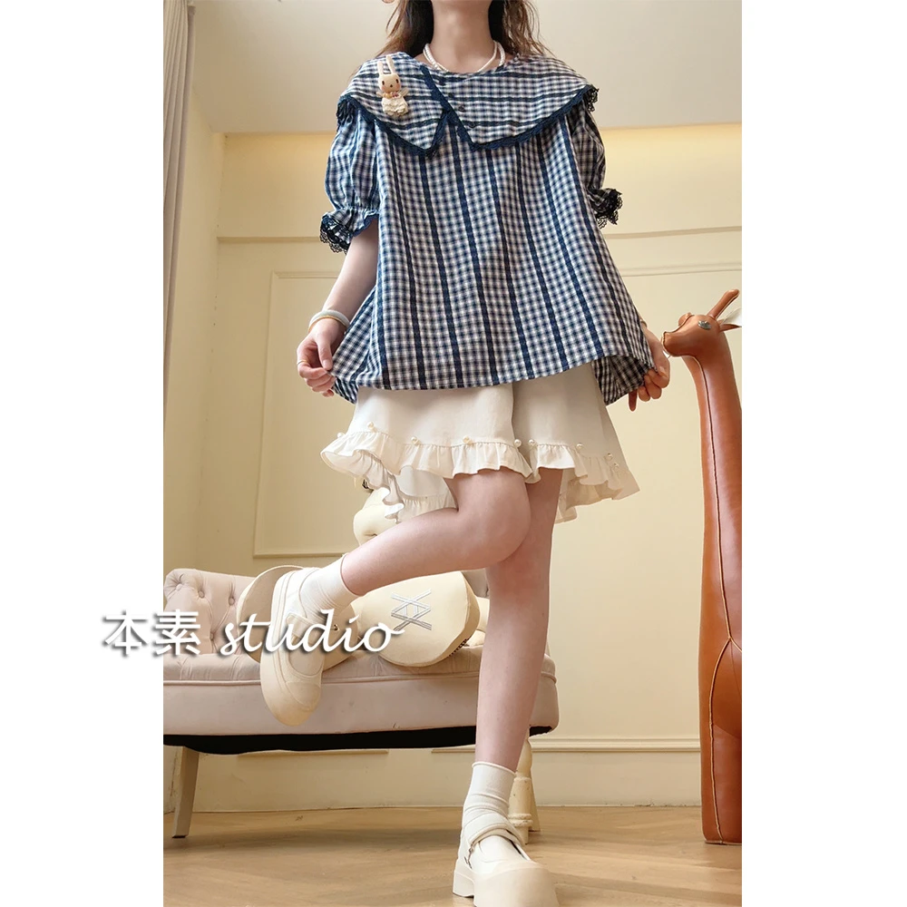 蕾丝格子C4003格纹蕾丝边娃娃领短袖衬衫显瘦宽松韩版