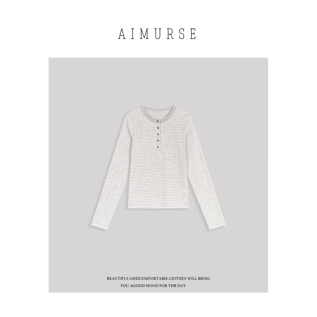 AIMURSE【山行】小众设计师 条纹半开扣时髦百搭休闲T恤 AM80027