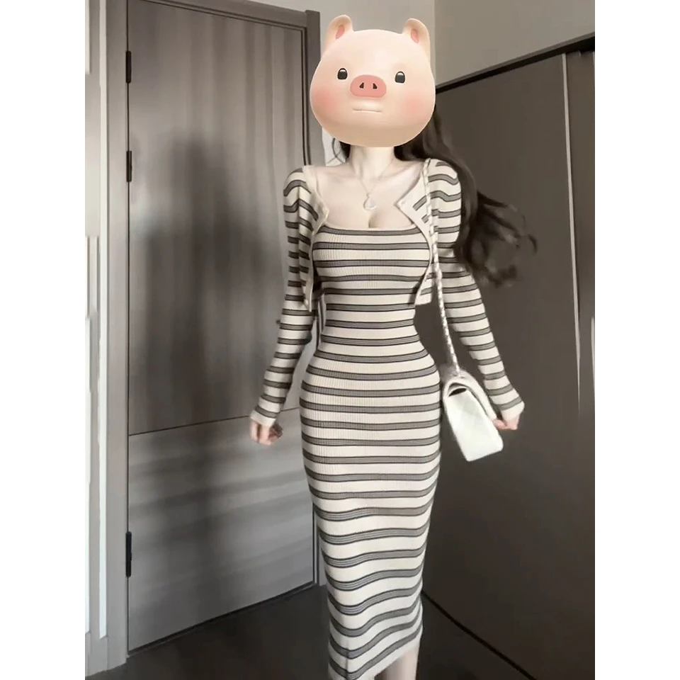 条纹公式韩系风纯欲高弹针织条纹吊带裙开衫两件套