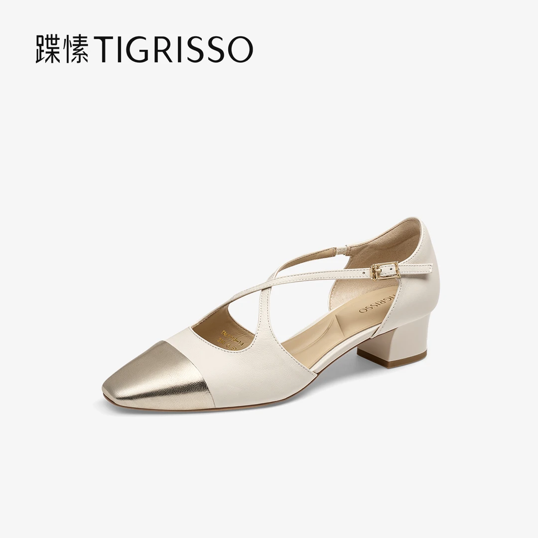 蹀愫25年春季欧若风小香风包头凉鞋法式粗跟单鞋TA65118-14