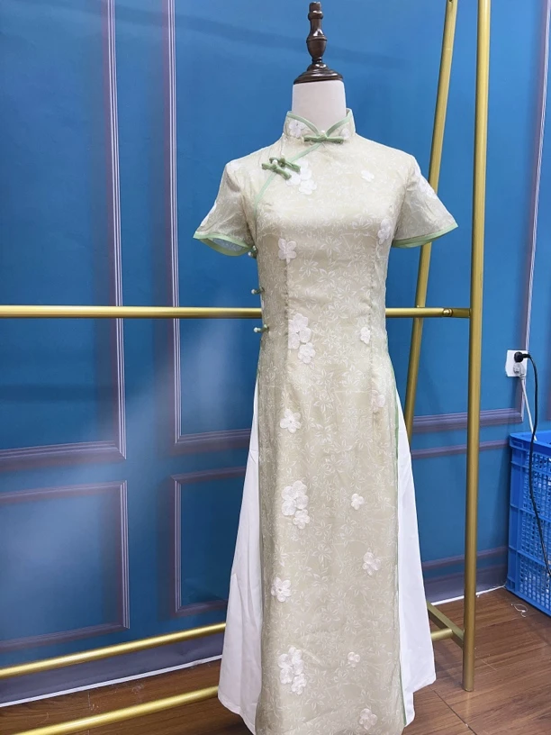 V-2610 春莺啭 轻纱绣花 奥黛双层夏款年轻款改良旗袍120cm长款