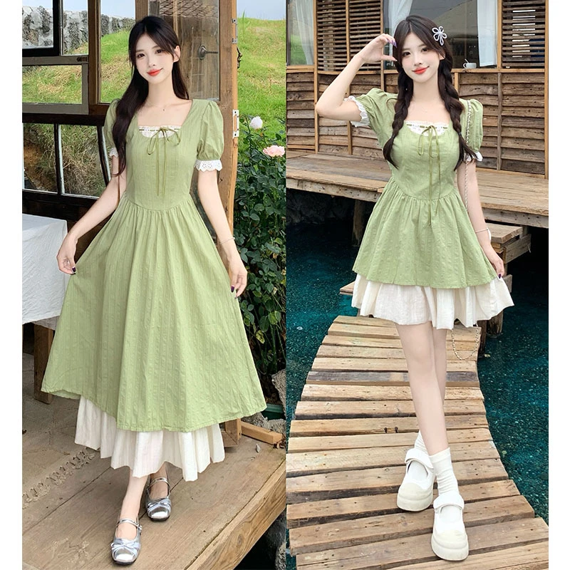 大码2025夏季撞色肌理感裙方领双层裙摆显瘦A字连衣裙