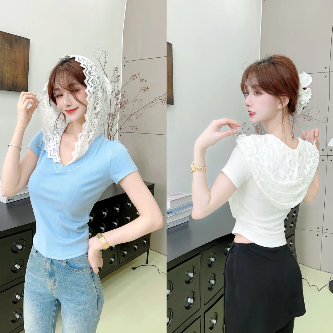 《单色胶片》温柔风拼接蕾丝连帽V领小衫修身显瘦短袖衫上衣#8579