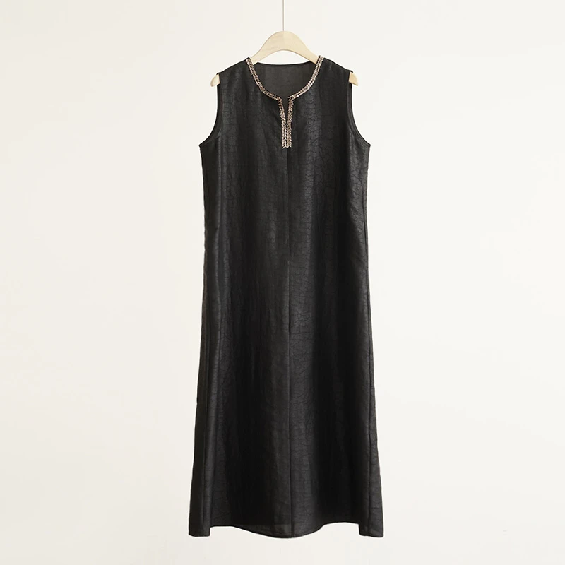 龟裂纹三年老料香云纱新中式手工订珠V领长款女士连衣裙（250642）