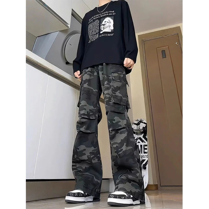 美式复古迷彩工装裤男秋冬加绒大口袋阔腿裤子直筒显瘦微喇牛仔裤