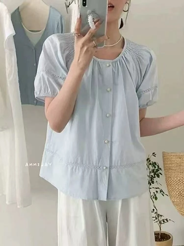 8599夏季新款小个子圆领单排扣法式小衫泡泡袖衬衫女