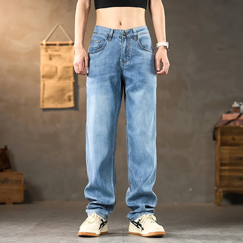 夏季薄款莱赛尔复古宽松直筒牛仔裤男士长裤怀旧潮流设计百搭8023