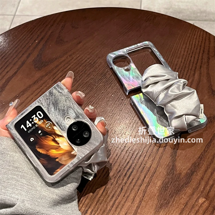 适用oppofindn3flip手机壳银色羽纱丝巾腕带超薄防摔n3flip保护套