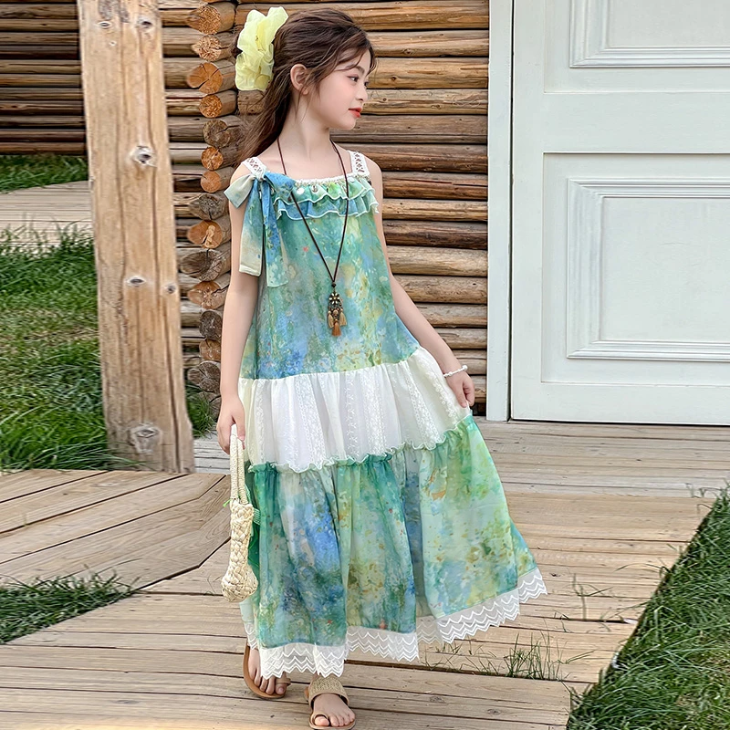 女童法式油画吊带连衣裙2025夏季新款复古度假风绝美超好看沙滩裙