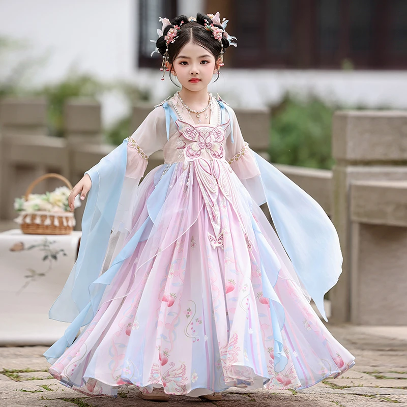 2025夏装新款女童汉服连衣裙公主裙儿童襦裙水袖荷花国风古装纱裙