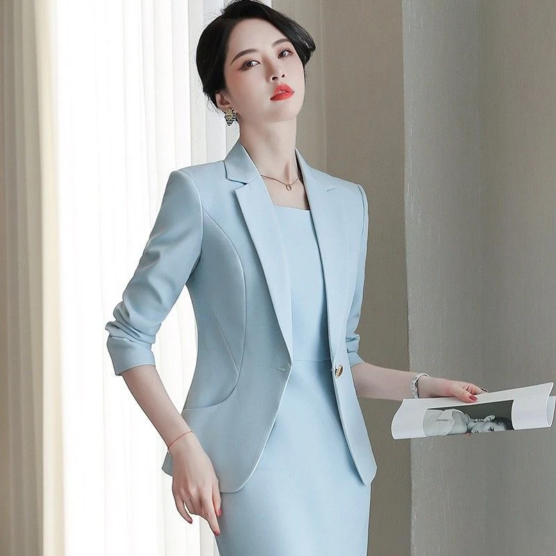 浅蓝色大码西装外套女春秋时尚气质职业正装小西服连
