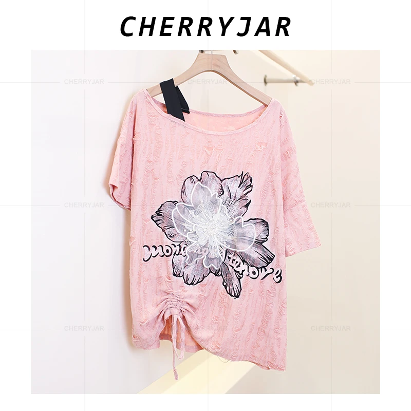 Cherryjar【25858】宽松棉质立体花卉设计甜美露肩短袖T恤