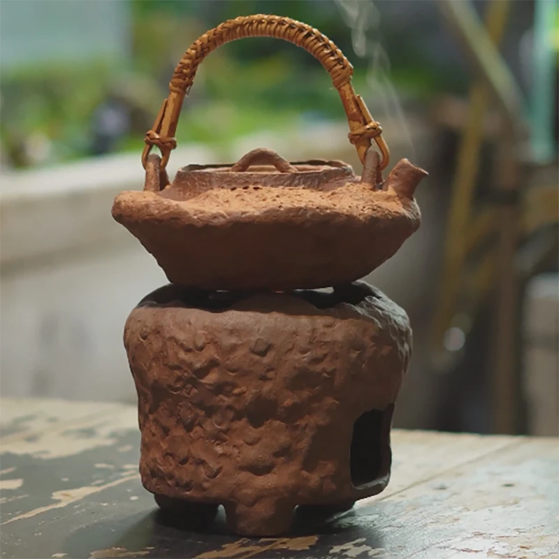 中式老岩泥煮茶壶套组烧水提梁壶家用粗陶茶壶复古电陶炉炭火可用