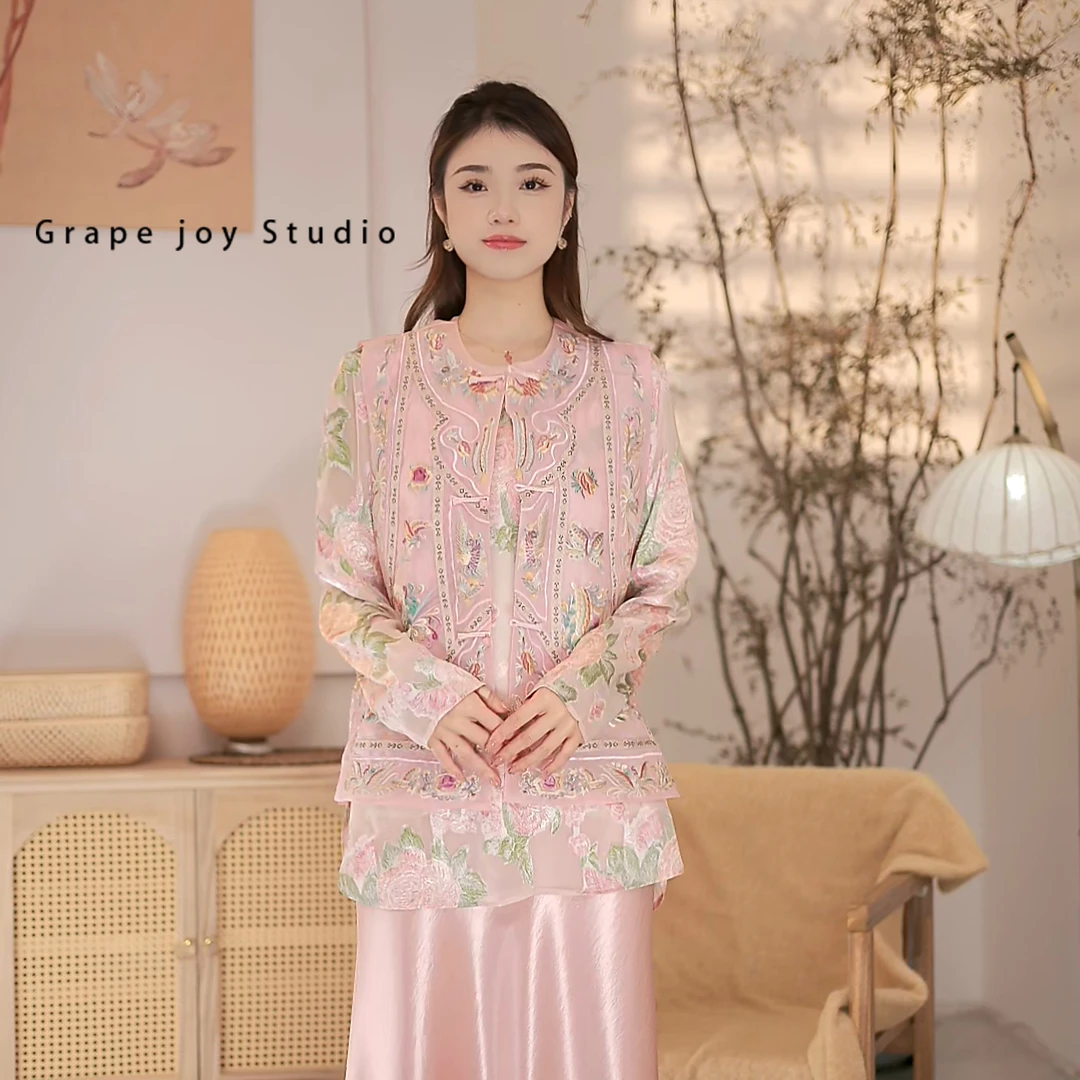 【萄禧】春夏桑蚕丝精美彩纱刺绣新中式时尚马甲TX03MJ0080