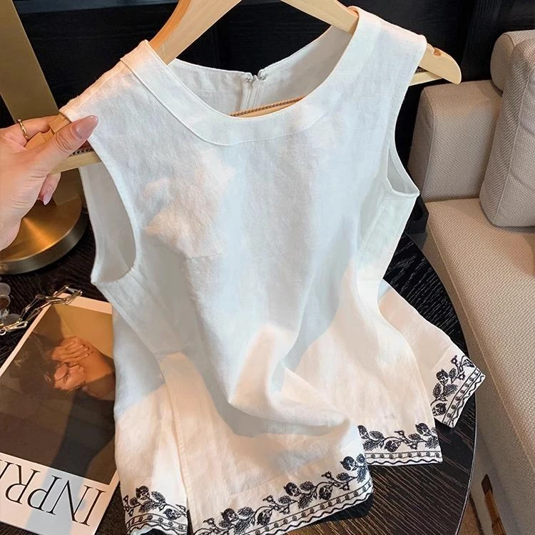 白色刺绣花边亚麻无袖上衣女夏新款法式高级气质简约显瘦百搭背心