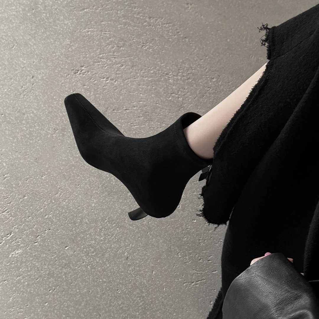 爆款~6cm绒面弹力瘦瘦靴秋季新款小方头高跟马丁靴百搭通勤时装靴