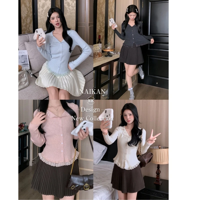 【纯欲奶兔】V领蕾丝针织衫女长袖设计感减龄百搭法式上衣毛衣8079