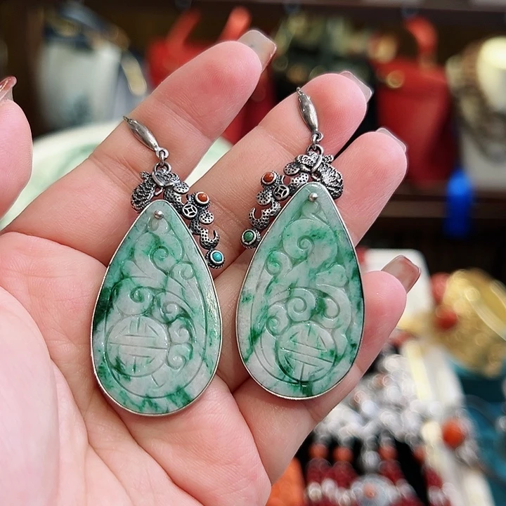 翡翠耳饰银S925镶嵌古风