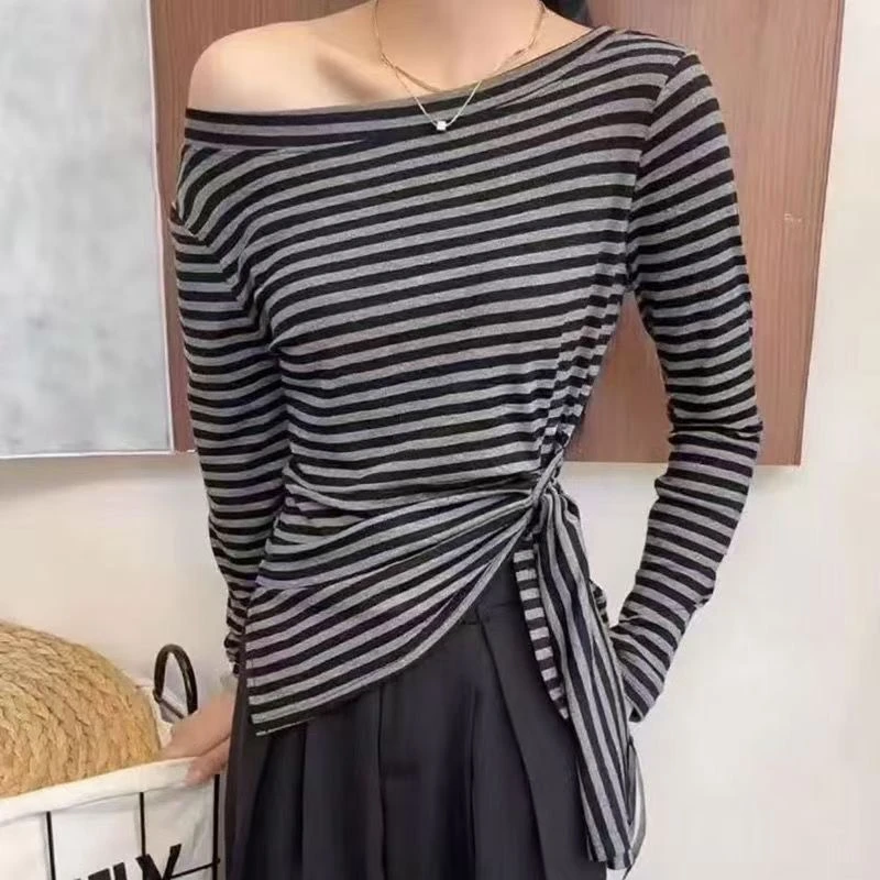 【运补6】韩系条纹不规则露肩慵懒开叉斜肩长袖T恤女早秋款收腰上衣