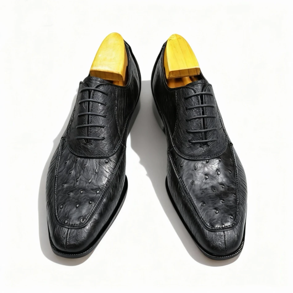 小众高级感青蛙脸真皮全鸵鸟皮牛皮大底机缝固特异工艺男士牛津鞋