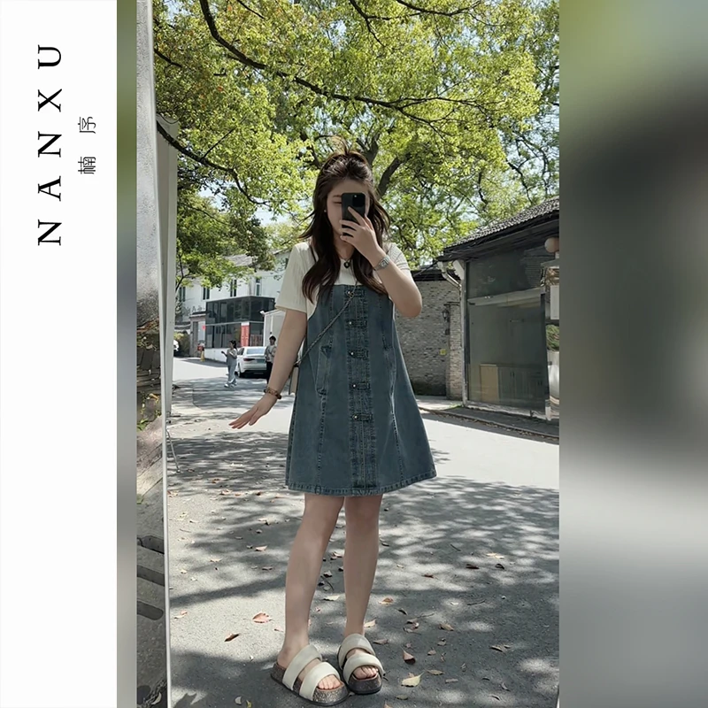 楠序微胖女装 雯雯夏季显瘦款时尚气质假两件夏季连衣裙女YZ36122