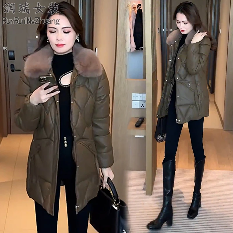 中长款时尚棉衣女2025冬季新款纯色修身型显瘦毛领保暖短款棉服潮