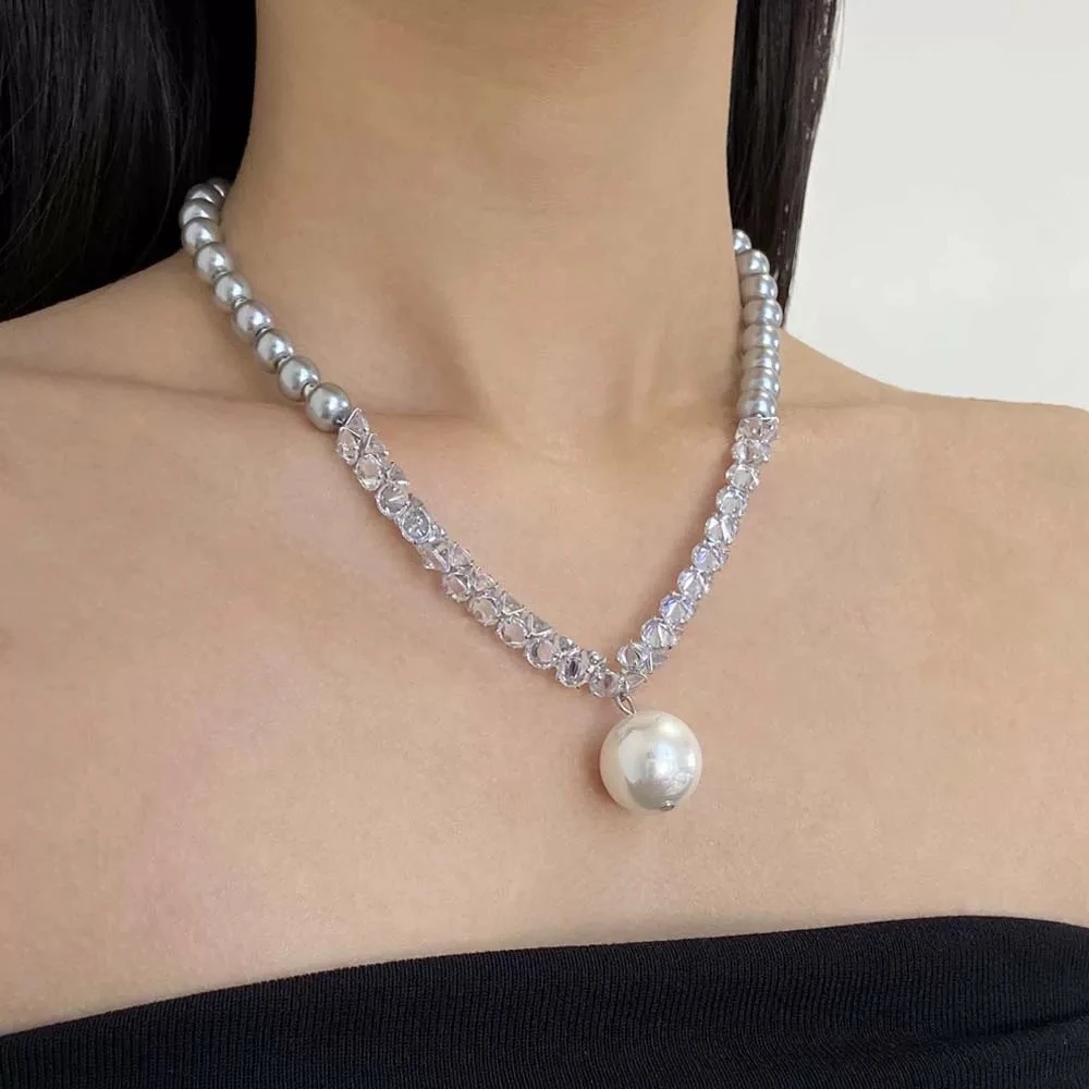 铜合金项链 【8795】灰色珠珠拼色长款项链个性锁骨链设计感轻奢