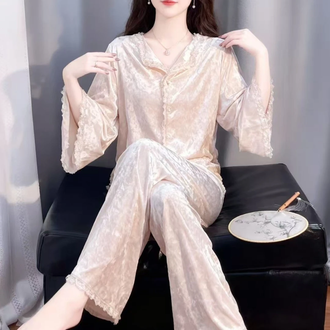 TPVL轻奢法式丝绒睡衣女粉色甜美秋冬家居服长袖套装2025新款