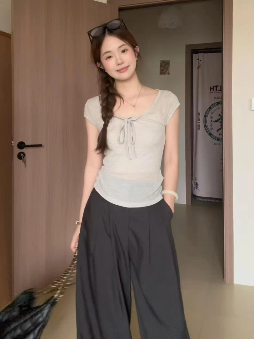 韩系蝴蝶结系带短袖t恤女夏季小个子性感bm风修身显瘦打底衫上衣