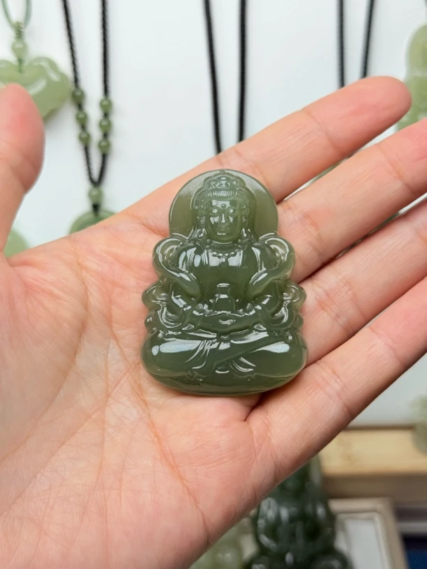 和田玉冰湖水绿观音男女款
