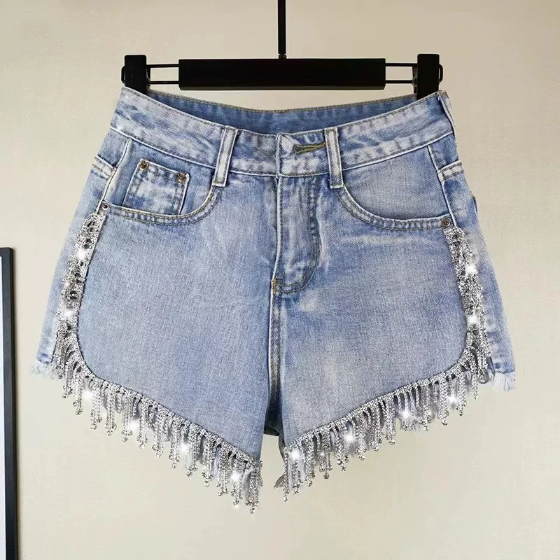 2025夏装新款韩版显瘦阔腿裤重工水钻流苏毛边高腰牛仔短裤女热裤