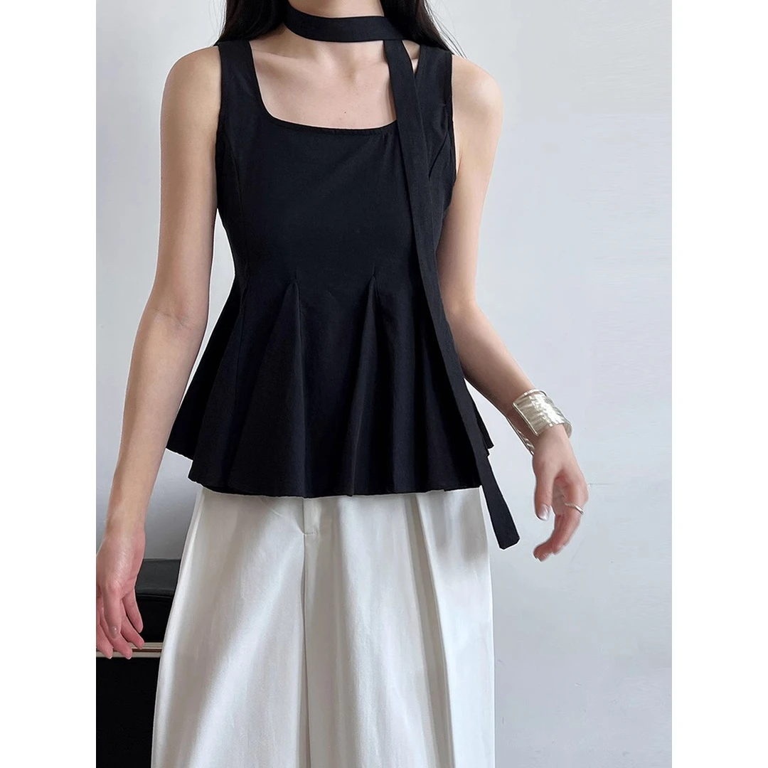 方领宽肩带收腰飘带无袖娃娃衫女裙摆式吊带背心炸街独特漂亮小衫