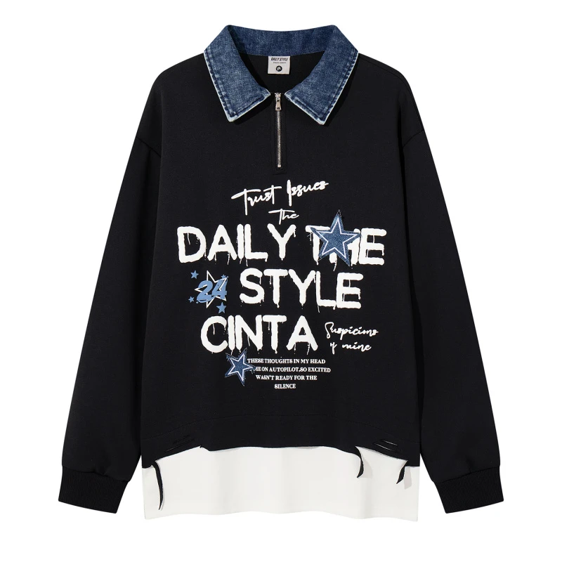 美式学院风潮流个性拼接下摆假两件印花牛仔翻领休闲卫衣POLO衫秋